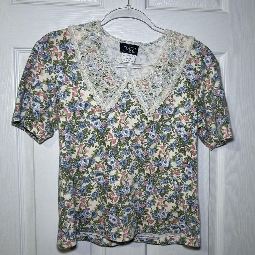 Vintage Fritzi California Shirt Women's Small Floral Lace Collar Cottagecore USA